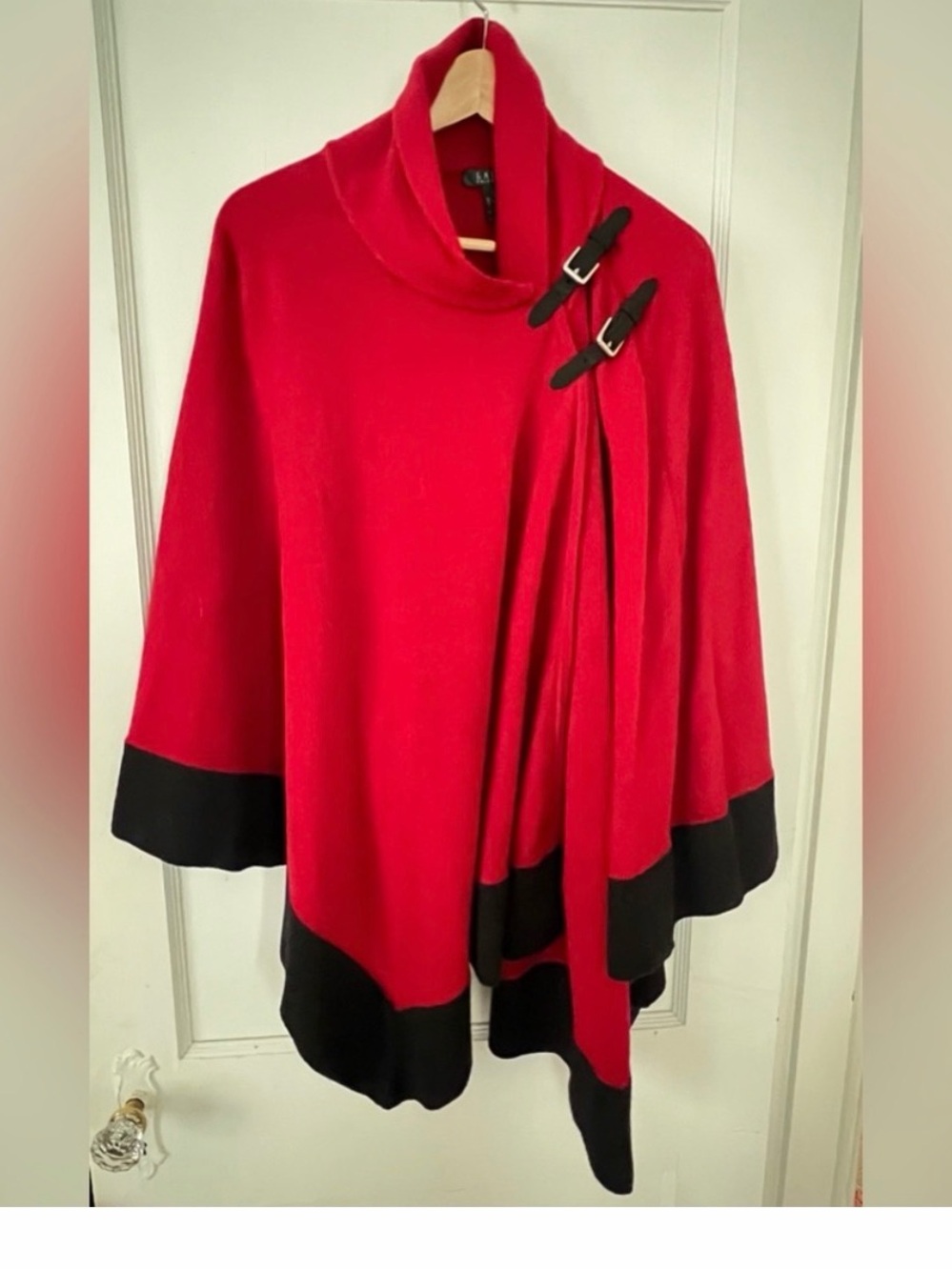 Ralph Lauren Red Funnel-Neck Poncho with Black Trim and Buckle Details